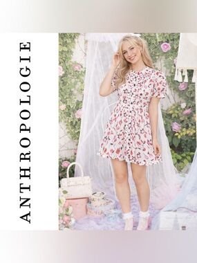 Anthropologie Anisa Makhoul x Maeve Puff-Sleeve Collared Mini Dress, Medium, EUC